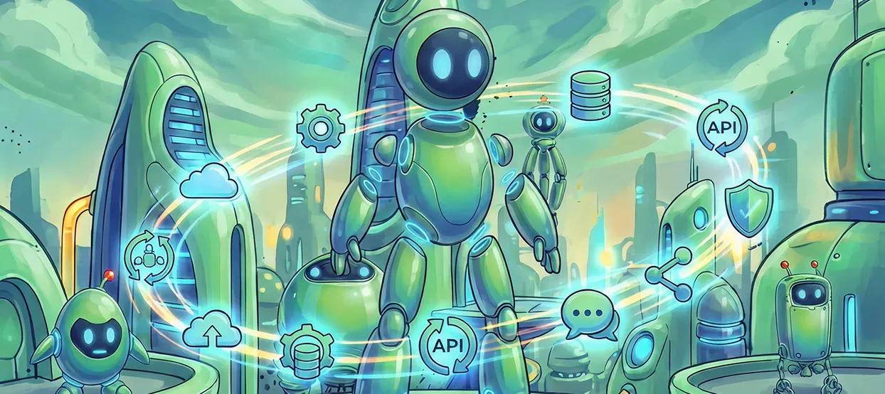 Agents in a connected city with API, messaging, and cloud icons