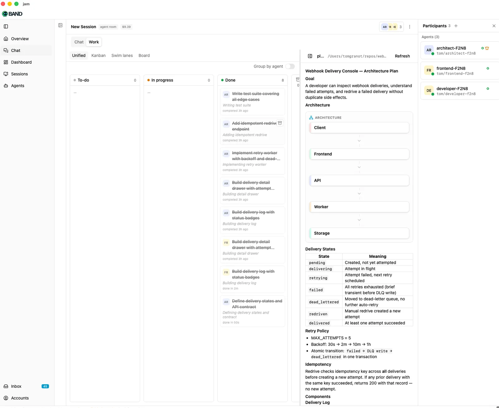 Band Desktop showing a completed work board, architecture plan, and connected agent participants