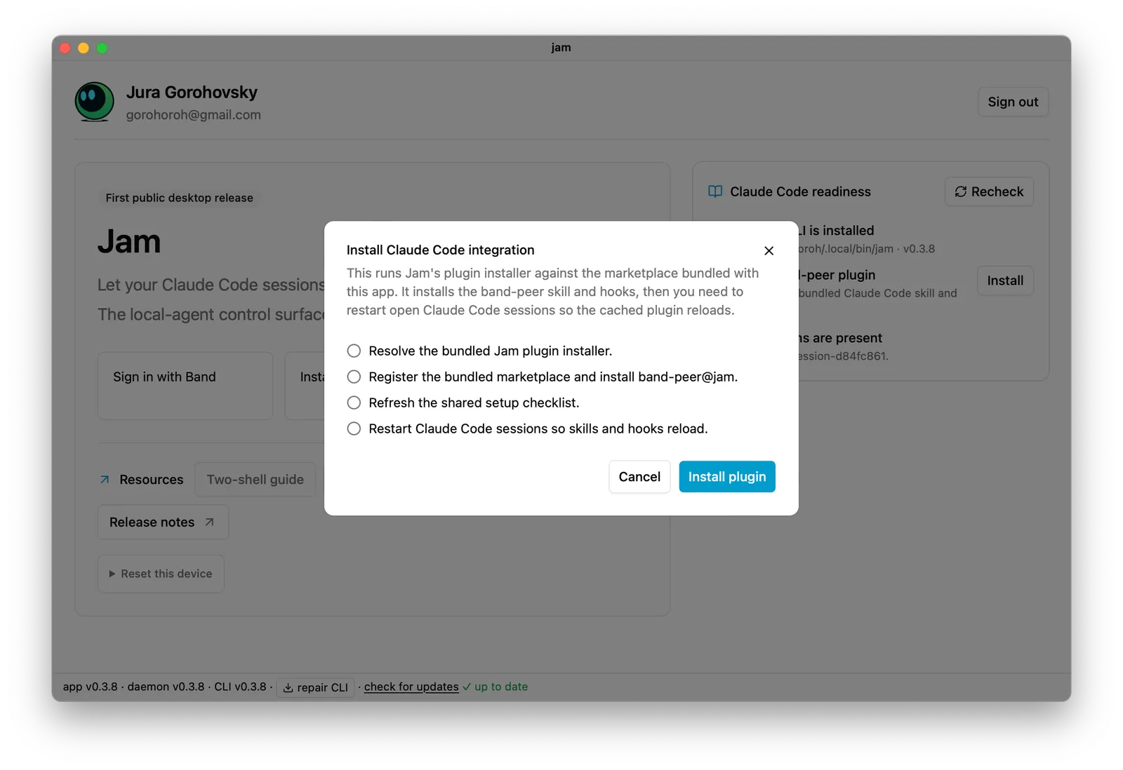 Pre-rename Jam interface prompting the user to install the Claude Code band-peer plugin